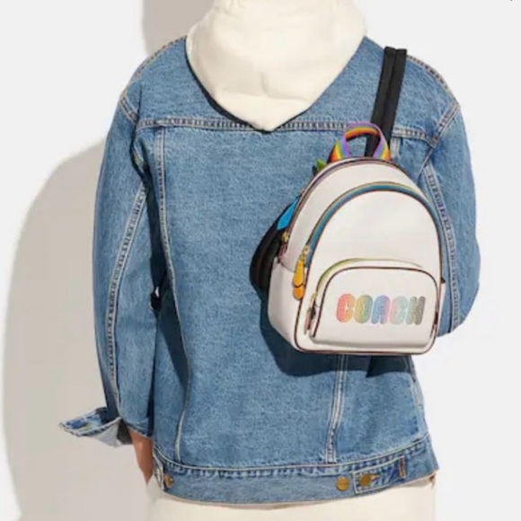 NWOT Coach Mini Court Backpack With Rainbow Print White In Pebbled Leather - Picture 2 of 11